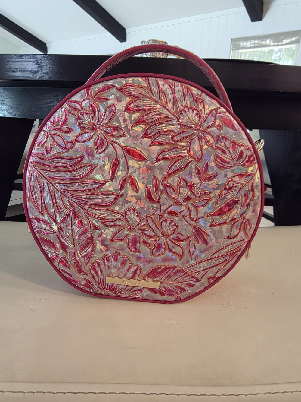 NEWBrahmin Pink Iridescent Floral Round Crossbody Lane Lokelani coral snapdragon